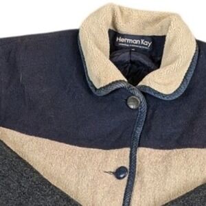 Herman Kay Vintage Color Block Jacket Navy Tan Grey Fleece Collar Size 14